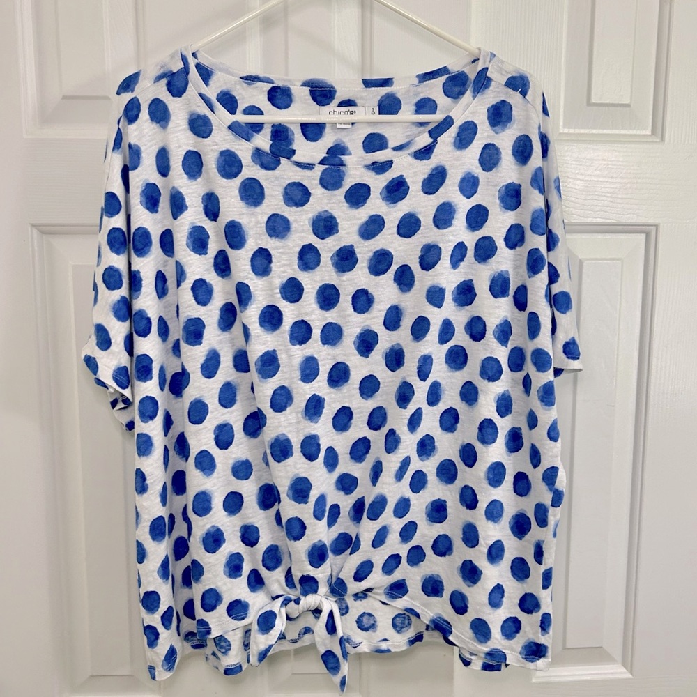 Chico's XL Linen Blue Dots Tie Front Tee Shirt Beachy Breathable